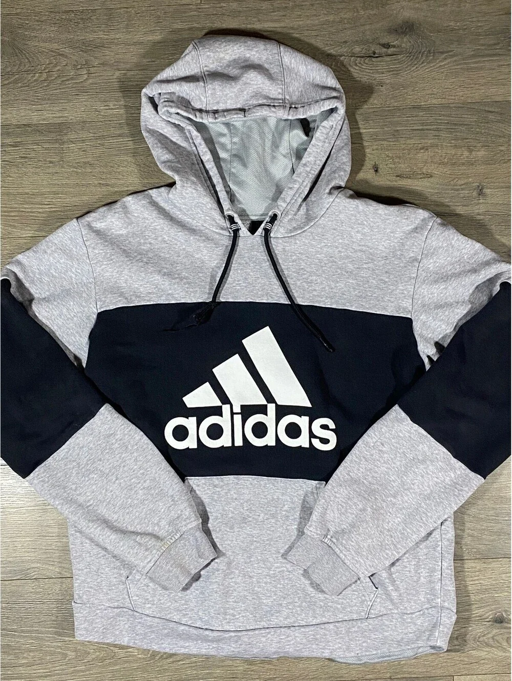 Adidas Hoodie Mens M Gray Black Colorblock Big Logo Pullover Sweatshirt